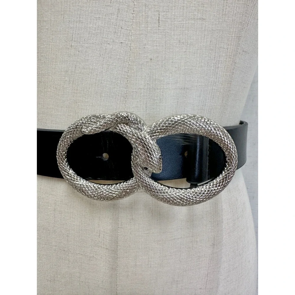 Double Snake Silver Textured Infinity Buckle Black Faux Leather Belt Size M